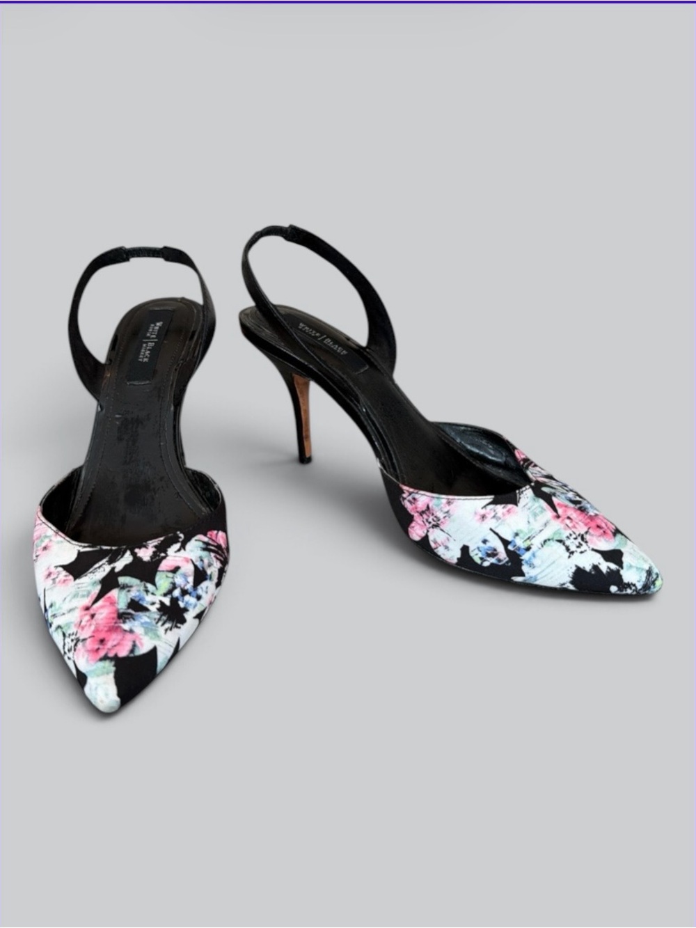 White House Black Market Black Floral Pointed Slingback Heels